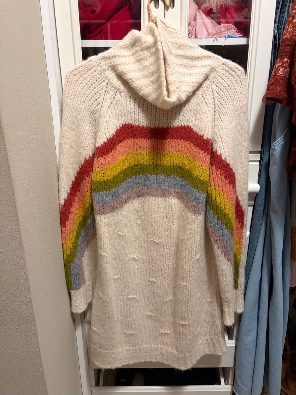 Cozy Cream Sweater with Rainbow Stripes